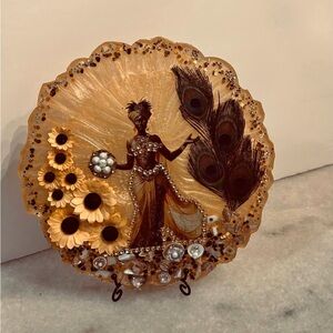 Decorative Gold Resin Plate with Embellished Peacock Feathers